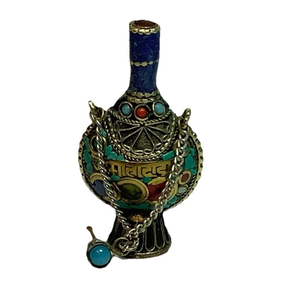 Vintage Nepal Handmade Copper Snuff Bottle Gemstone Inlaid Chinese Collectible - Picture 4 of 4